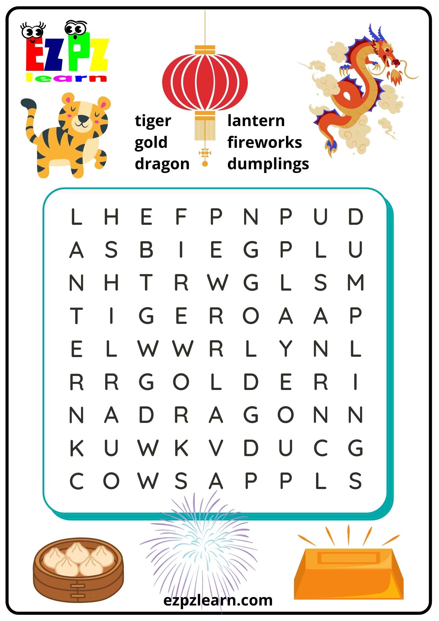 Lunar (Chinese) New Year Kids Word Search 